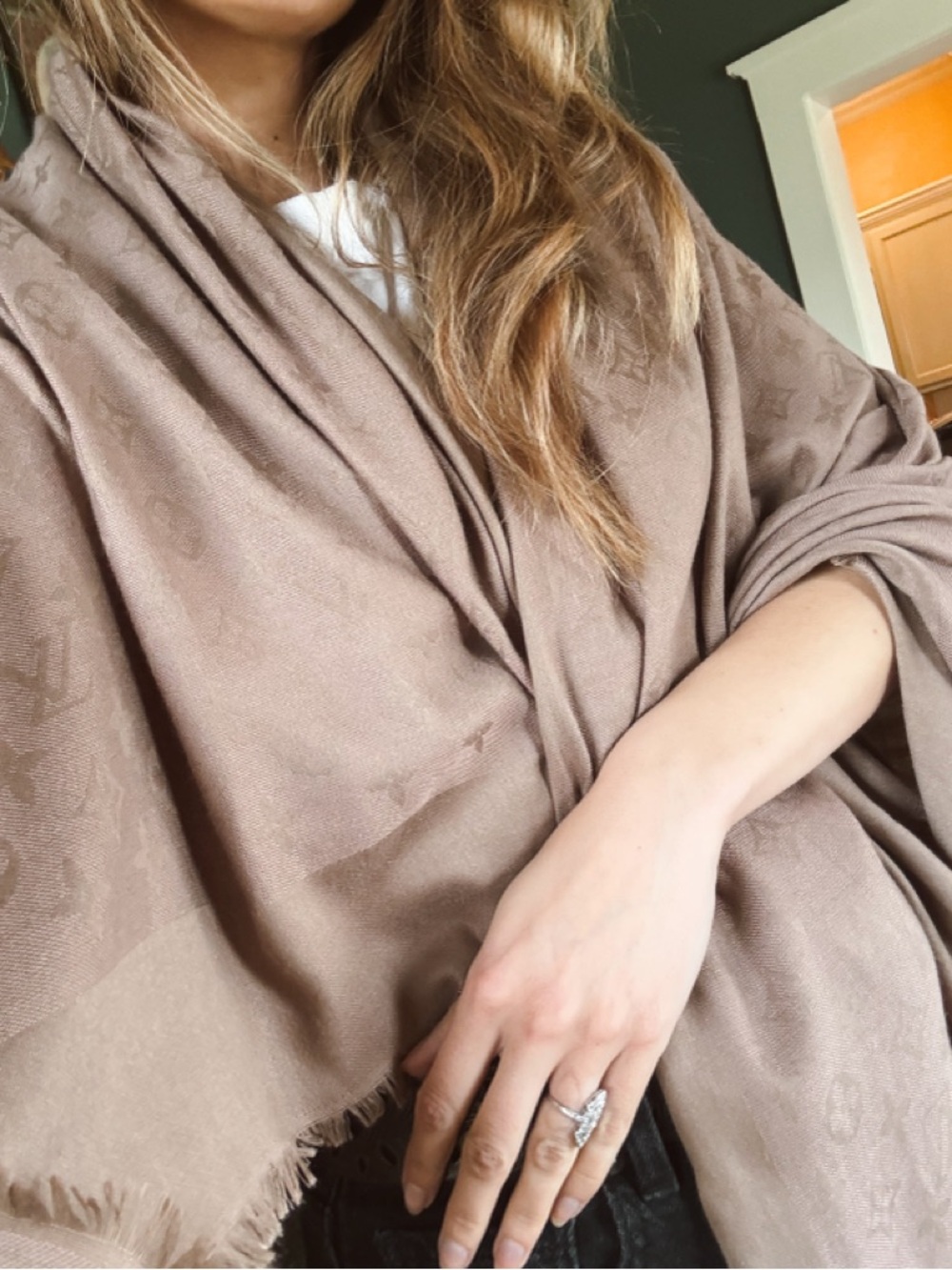 Louis Vuitton taupe Monogram large silk Shawl Scarf 57.5” x 53.5 - Picture 4 of 16